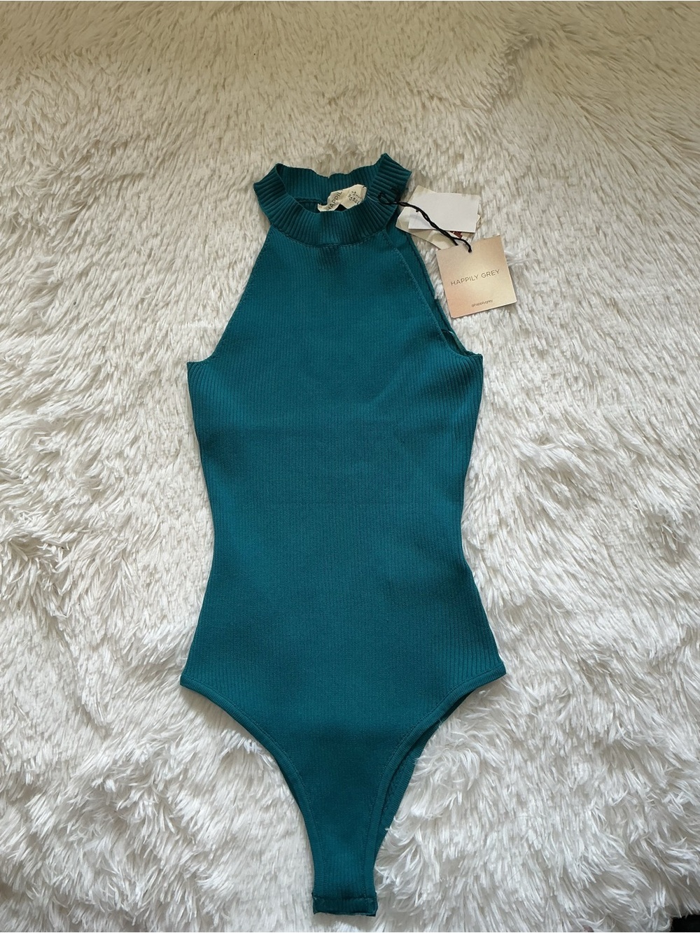 Mock Neck Ribbed Bodysuit in Teal Green